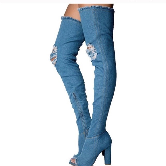 BAMBOO Shoes - Bamboo Destroyed Denim Thigh Over the Knee Boots